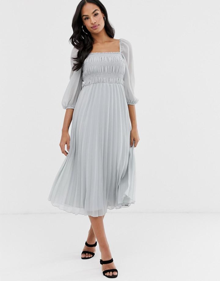 Asos Design Shirred Pleated Midi Dress-gray