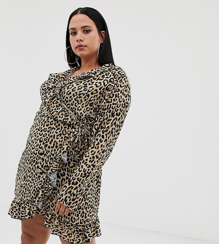 Prettylittlething Plus Wrap Frill Mini Dress In Leopard - Multi