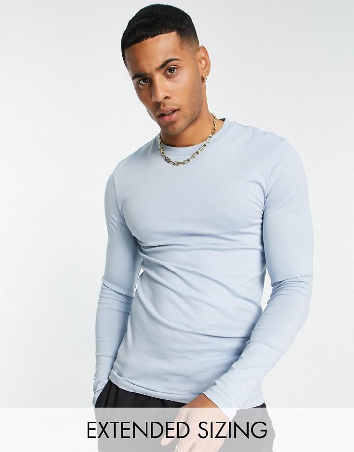 Asos Design Muscle Fit Long Sleeve T-shirt With Crew Neck In Light Blue