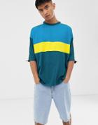 Asos Design Oversized T-shirt With Contrast Tipping And Color Block In Blue - Blue