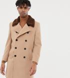 Heart & Dagger Wool Mix Double Breasted Overcoat With Faux Fur Trim - Brown