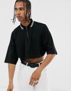 Asos Design Cropped Oversized Polo Shirt With Zip Neck And Tipping In Black - Black