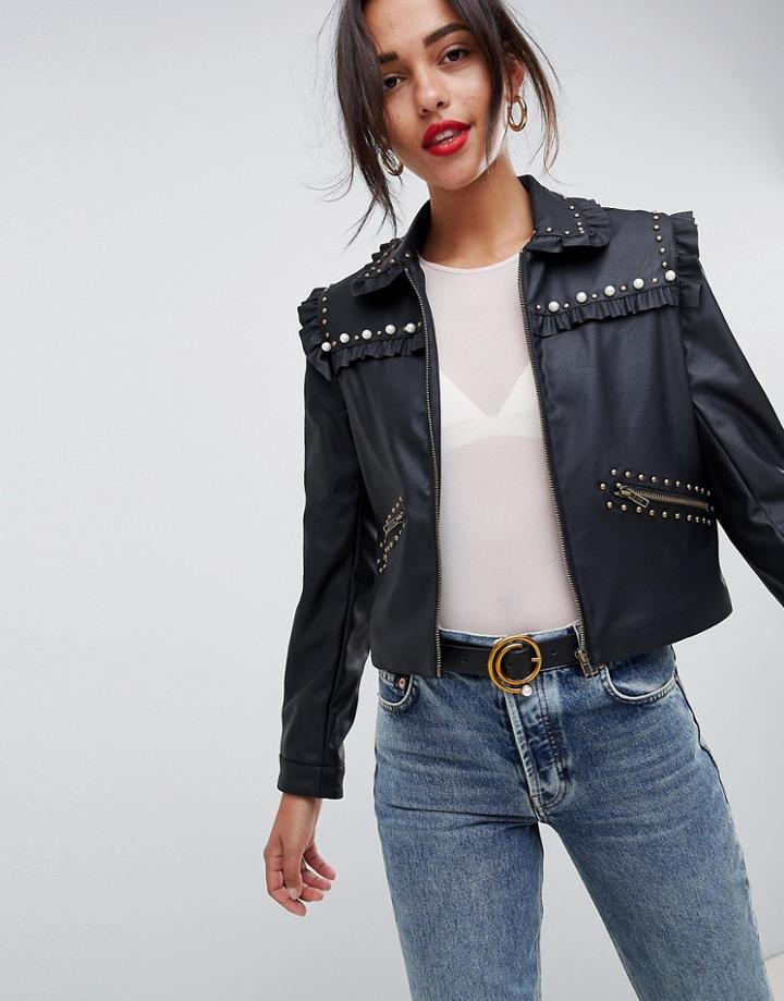 Asos Design Jacket With Pearl Detail - Black
