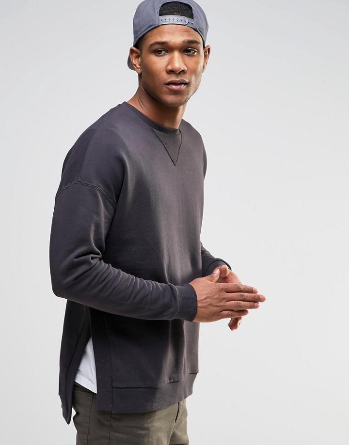 Asos Sweatshirt In Washed Black With Side Splits - Washed Black