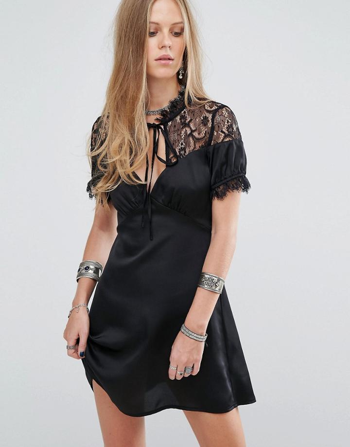 Kiss The Sky Tea Dress With Eyelash Lace Trim - Black