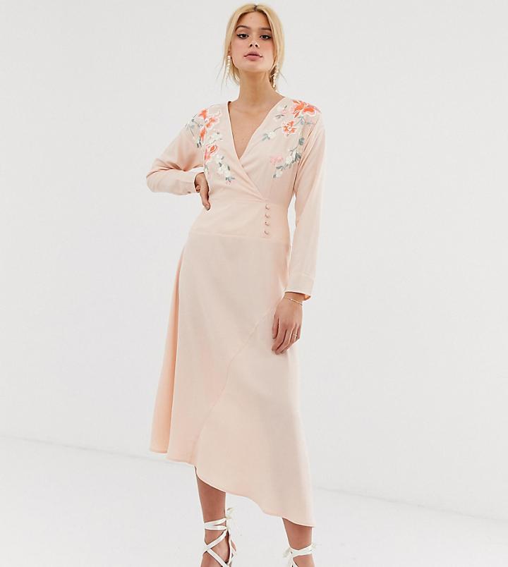 Asos Design Tall Embroidered Wrap Midi Dress - Pink
