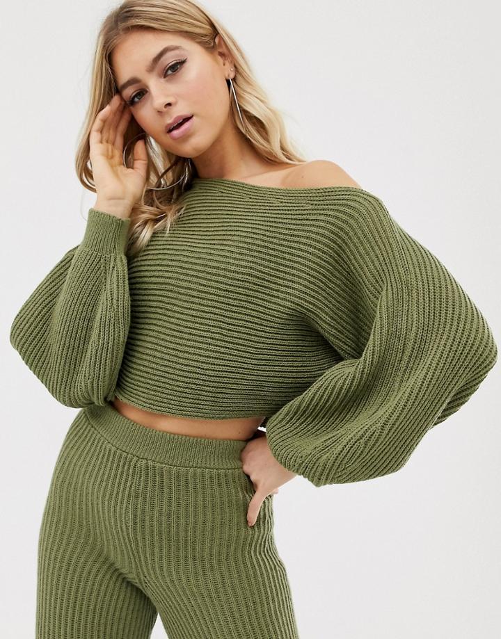Asos Design Off Shoulder Ribbed Two-piece Sweater - Green