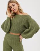 Asos Design Off Shoulder Ribbed Two-piece Sweater - Green