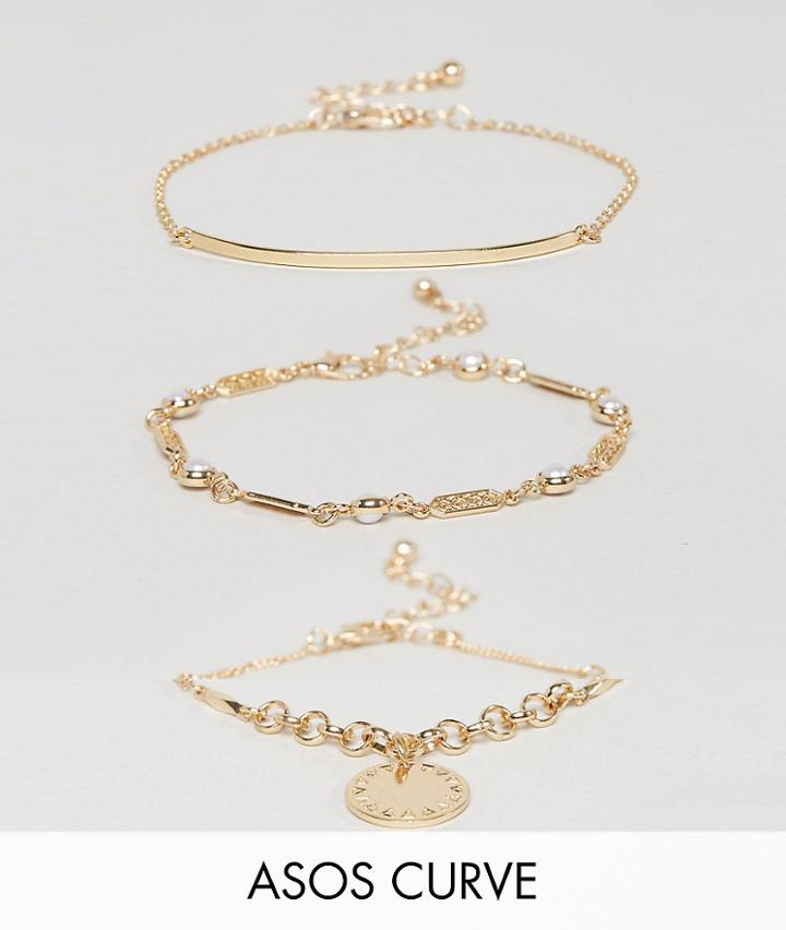 Asos Curve Pack Of 3 Vintage Style Disc And Curved Bar Bracelets - Gold