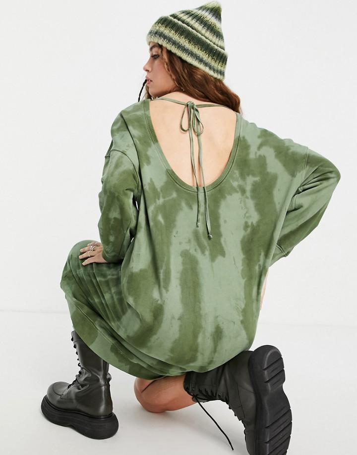 Topshop Oversized Tie Dye Sweater Dress In Khaki-green