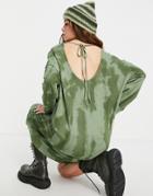 Topshop Oversized Tie Dye Sweater Dress In Khaki-green
