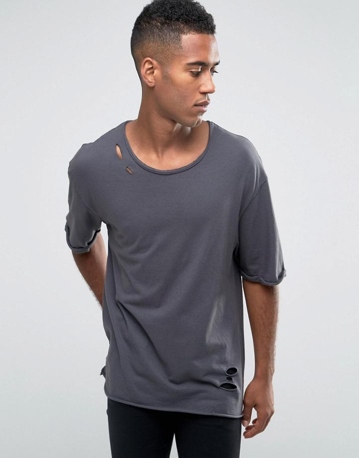 Jack & Jones T-shirt In Oversized Distressed Fit - Gray