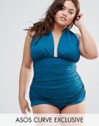 Asos Curve Ruched Halter Swimsuit - Green