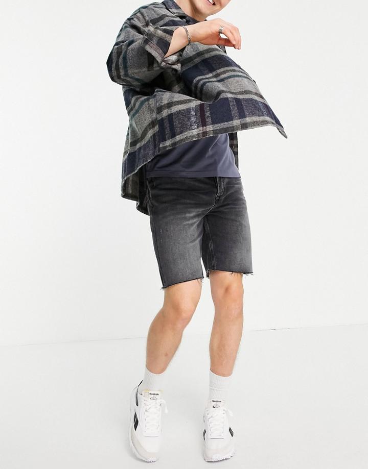 River Island Slim Denim Cut Off Shorts In Washed Black