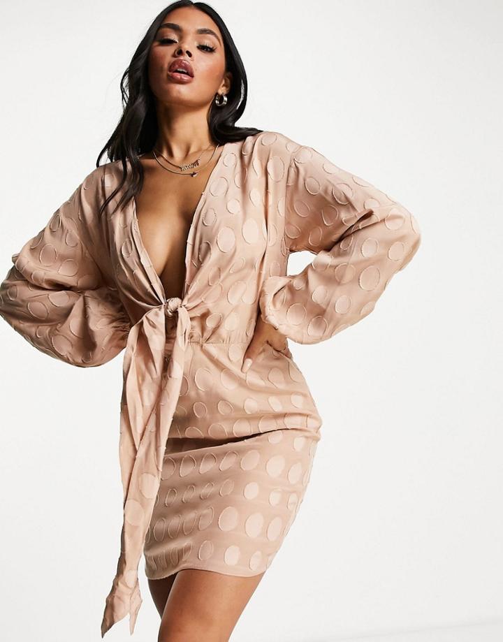 Asos Design Plunge Knot Front Mini Dress In Jacquard Spot-multi