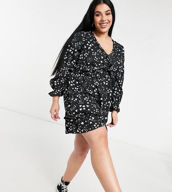 Yours Exclusive Ruffle Detail Mini Dress In Black Heart Print