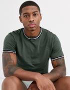 Asos Design T-shirt With Tipping In Khaki