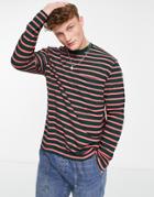 Asos Design Relaxed Stripe Long Sleeve T-shirt In Green And Pink-blue