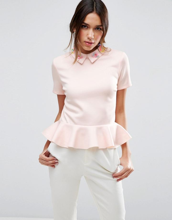 Asos Top With Encrusted Collar And Pephem - Cream