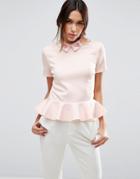 Asos Top With Encrusted Collar And Pephem - Cream