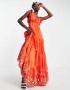 Asos Design Tiered Maxi Dress With Contrast Broderie Detail In Orange