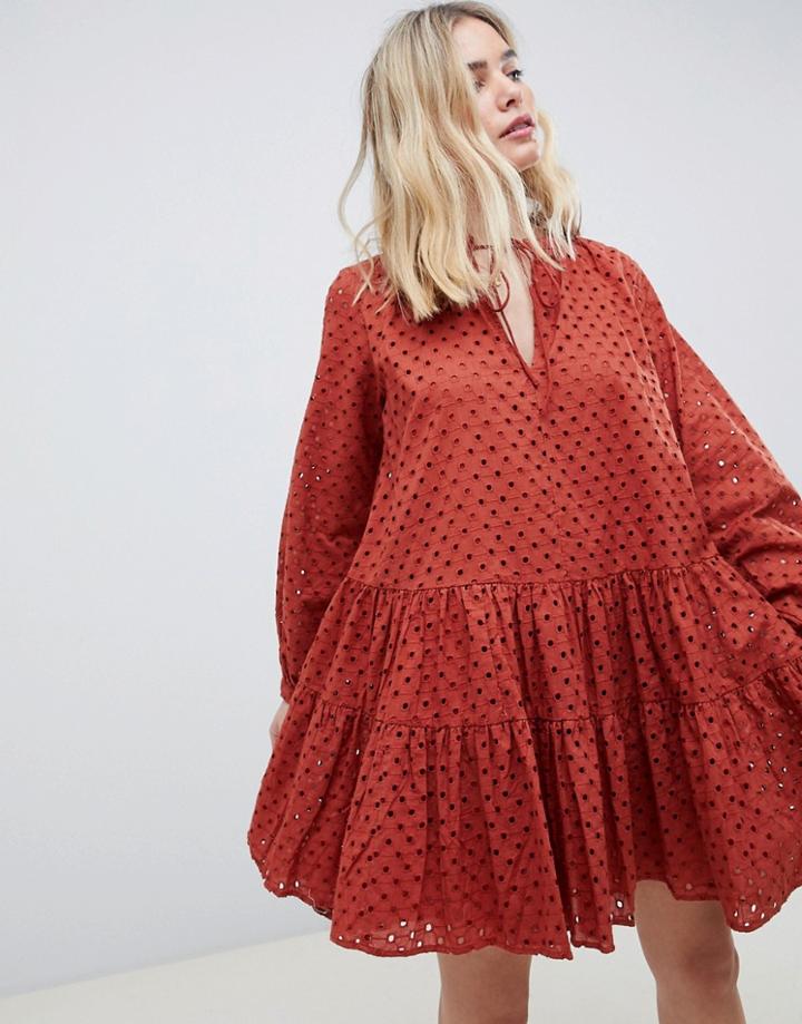 Asos Design Tiered Trapeze Mini Dress In Broderie - Orange