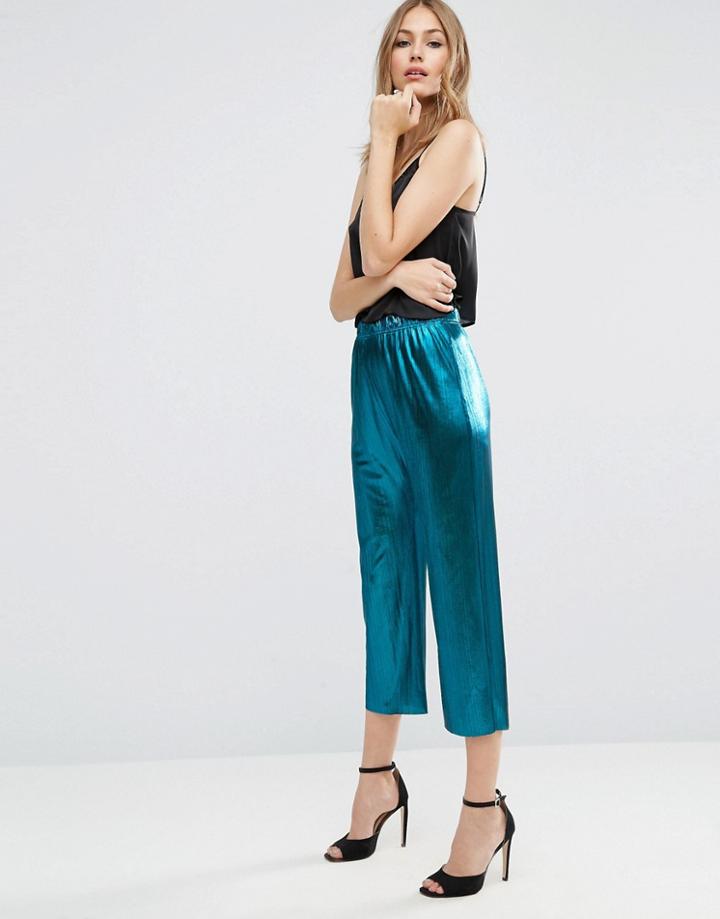 Asos Metallic Pleated Plisse Wide Leg Cropped Trousers With Raw Hem -