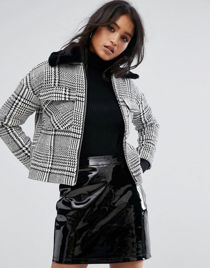 Prettylittlething Check Coat With Faux Fur Trim - Black
