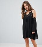 Parisian Petite Cold Shoulder Smock Dress With Crochet Detail - Black