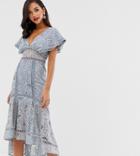 Asos Design Flutter Sleeve Midi Dress In Corded Lace With Circle Trim Detail - Multi