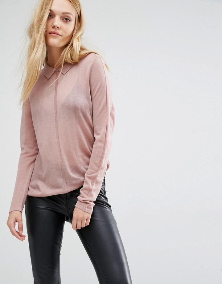 Y.a.s Sadie Fine Gage Sweater With Collar - Pink