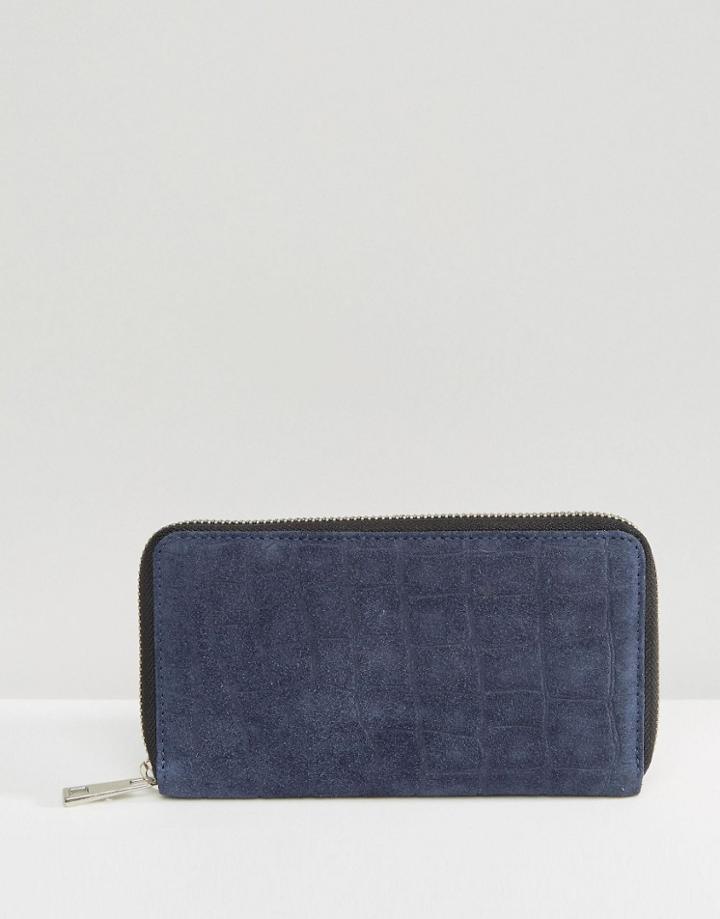 Asos Suede Embossed Croc Zip Around Purse - Navy