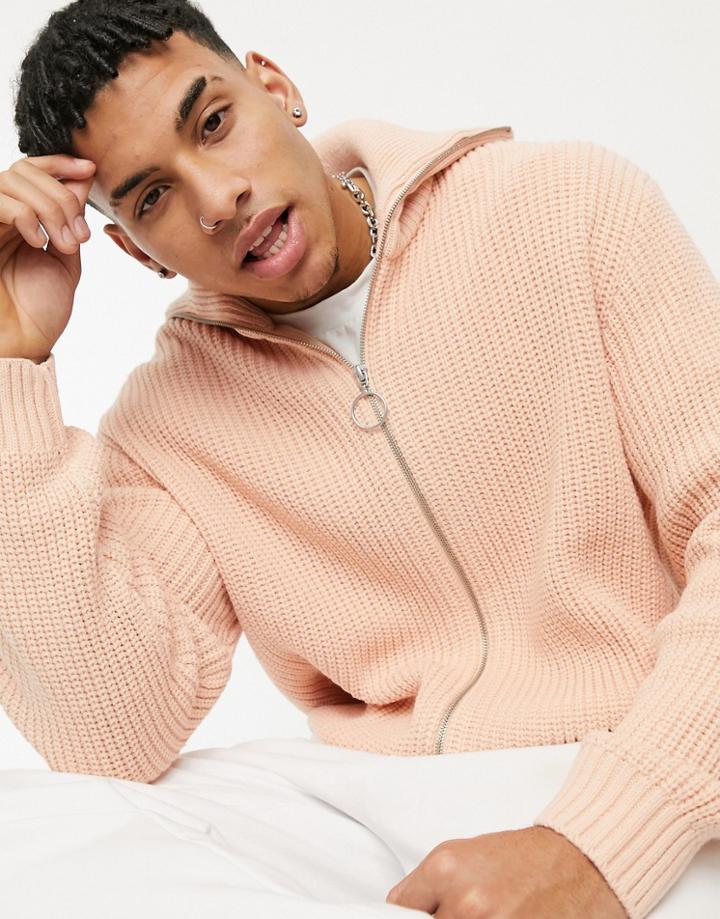 Asos Design Knit Oversized Zip Through Funnel Jacket In Peach-pink