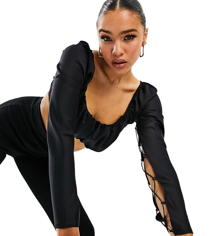 Asyou Underwired Crop Top With Lace Up Sleeves In Black-white