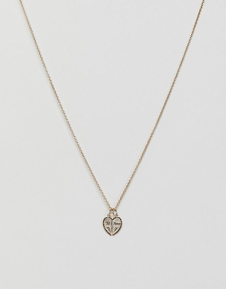 Asos Design Necklace With Vintage Style 'te Amo' Broken Heart Pendant In Gold - Gold