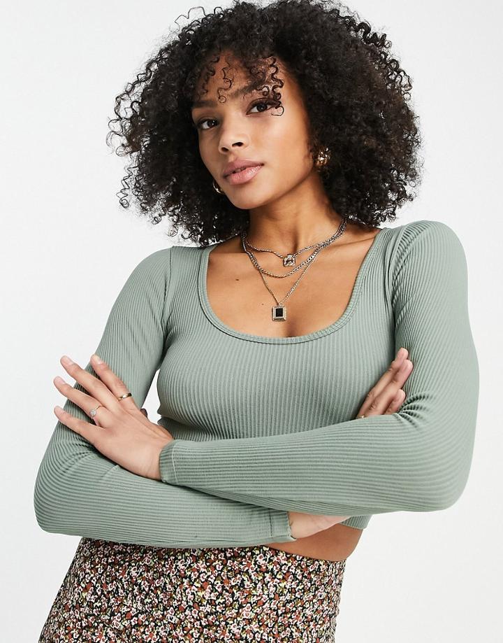 Stradivarius Seamless Cropped Scoop Neck Top In Olive-green