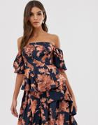 Asos Edition Floral Off Shoulder Top With Drape Side - Multi