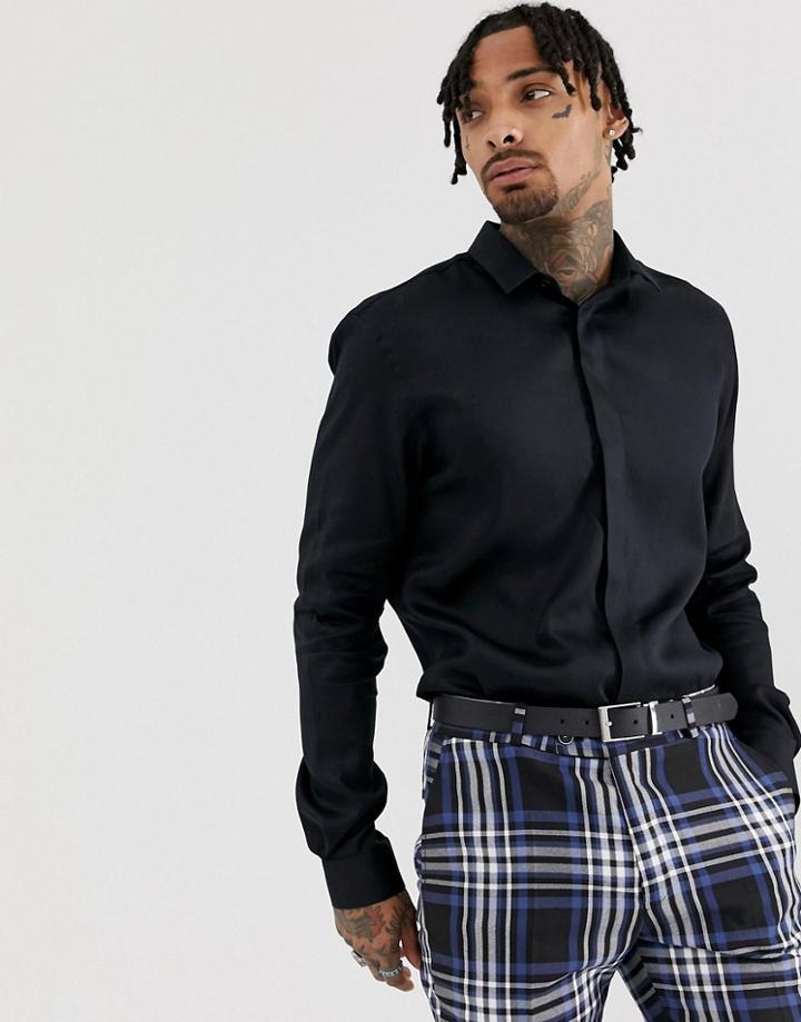 Twisted Tailor Super Skinny Revere Collar Shirt In Black - Black