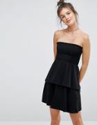 Asos Bandeau Shirred Mini Sundress With Peplum Hem - Black