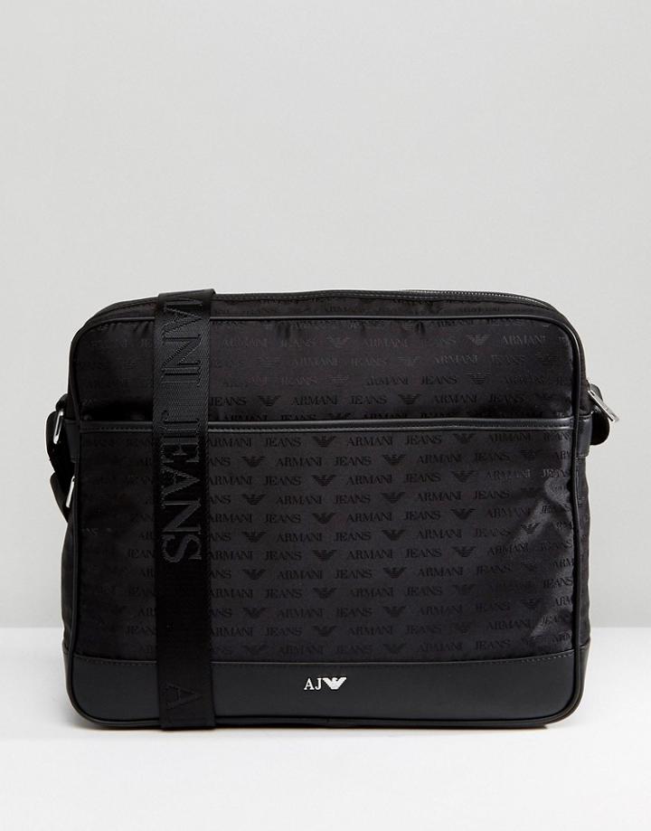 Armani Jeans Nylon All Over Logo Messenger Bag In Black - Black