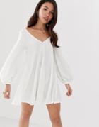 Asos Design Textured Mini V Neck Swing Dress-white
