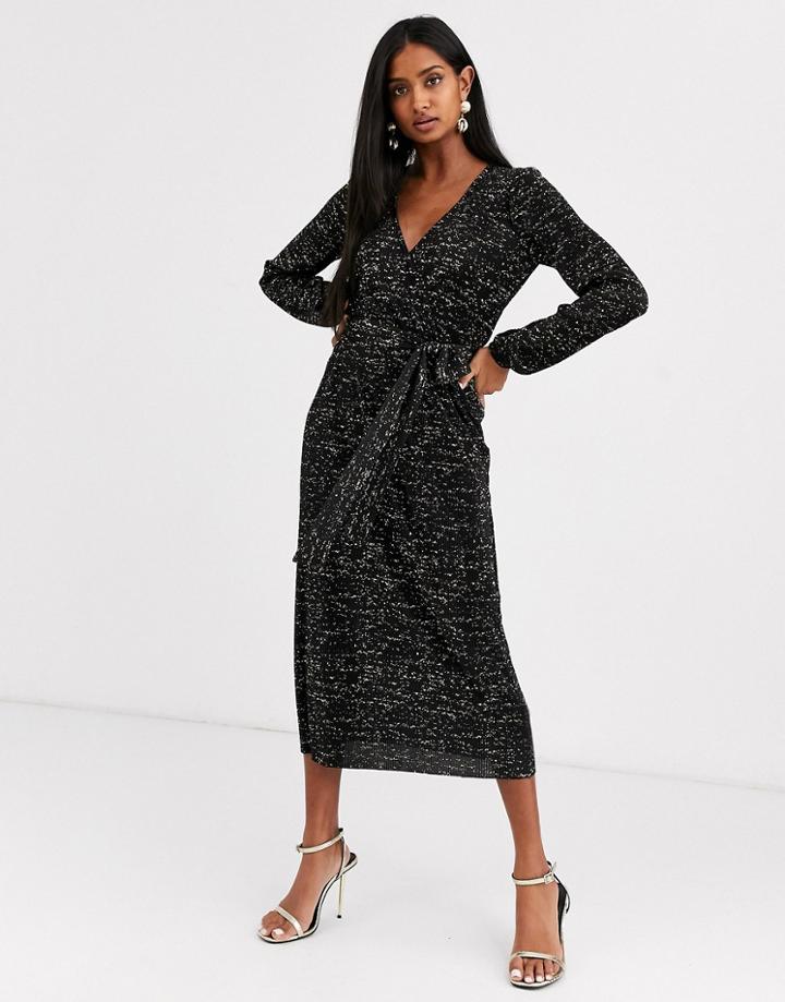 Asos Design Long Sleeve Glitter Midi Plisse Tea Dress