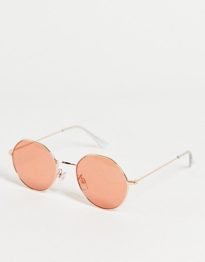 Asos Design Hexagon Round Sunglasses In Coral Lens-gold
