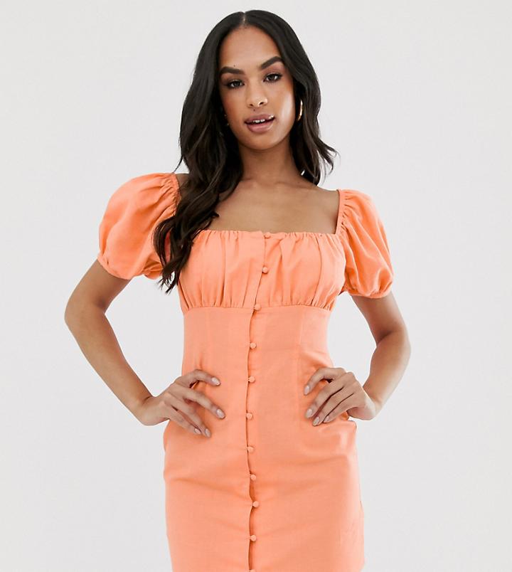 Asos Design Sweetheart Ruched Bust Button Through Mini Dress - Orange
