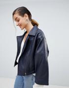 Selected Textured Leather Jacket With Wide Sleeve - Navy
