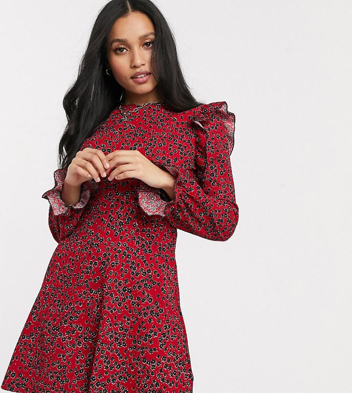 River Island Petite Floral Print Frill Mini Dress In Red