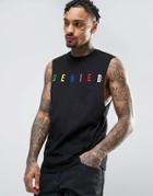 Asos Sleeveless T-shirt With Dropped Armhole And Denied Embroidery - Black