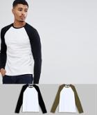 Asos Design Long Sleeve T-shirt With Crew Neck With Contrast Raglan 2 Pack Save - Multi