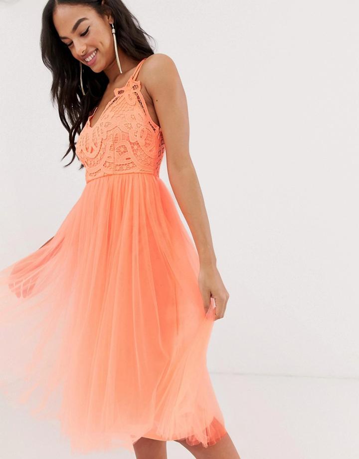 Asos Design Premium Lace Top Tulle Cami Midi Dress