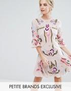 Frock And Frill Petite Premium Embellished Mini Smock Dress With Fluted Sleeve - Beige